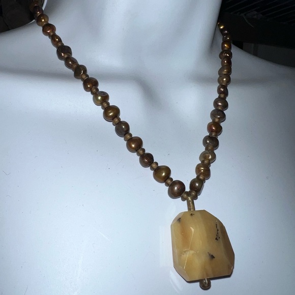 Fresh Water Pearls & Faceted Yellow Agate Pendant Necklace 925 Hook Closure - Picture 2 of 10